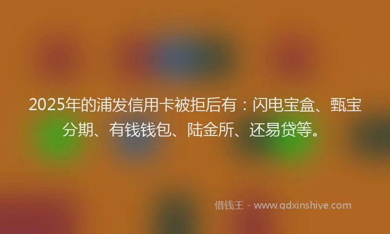 2025年的浦发信用卡被拒后有：闪电宝盒、甄宝分期、有钱钱包、陆金所、还易贷等。