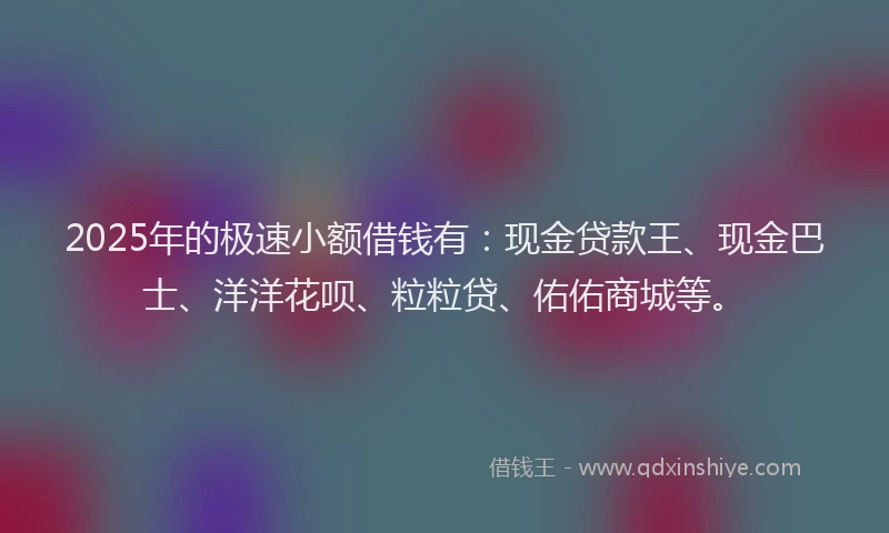 2025年的极速小额借钱有：现金贷款王、现金巴士、洋洋花呗、粒粒贷、佑佑商城等。