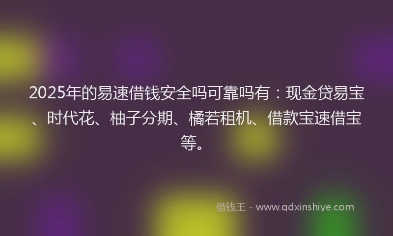 2025年的易速借钱安全吗可靠吗有：现金贷易宝、时代花、柚子分期、橘若租机、借款宝速借宝等。