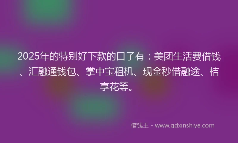 2025年的特别好下款的口子有：美团生活费借钱、汇融通钱包、掌中宝租机、现金秒借融途、桔享花等。