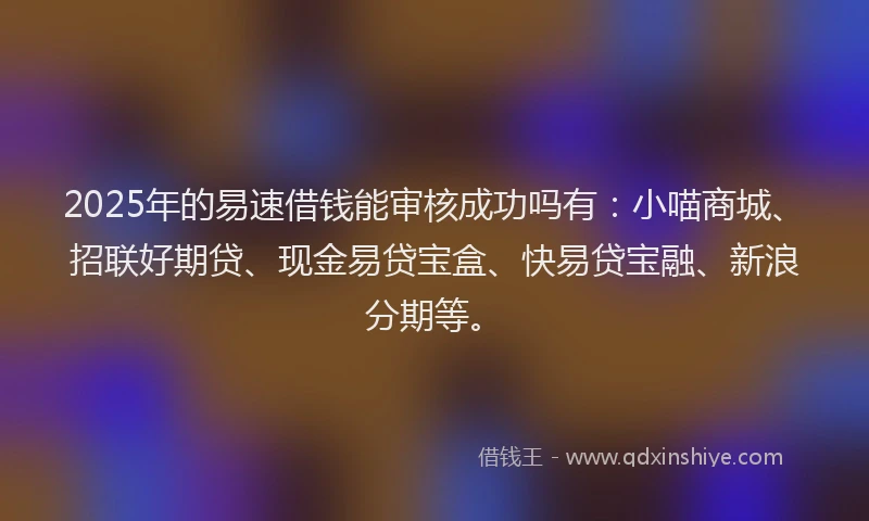 2025年的易速借钱能审核成功吗有：小喵商城、招联好期贷、现金易贷宝盒、快易贷宝融、新浪分期等。