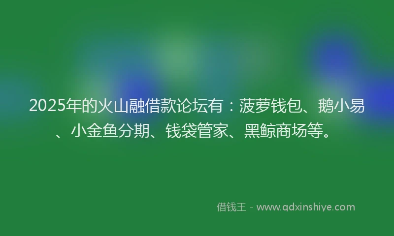 2025年的火山融借款论坛有：菠萝钱包、鹅小易、小金鱼分期、钱袋管家、黑鲸商场等。