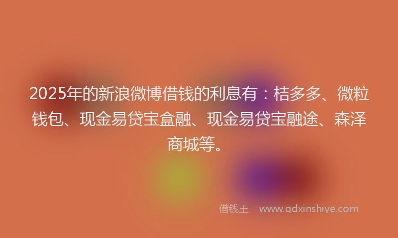 2025年的新浪微博借钱的利息有：桔多多、微粒钱包、现金易贷宝盒融、现金易贷宝融途、森泽商城等。