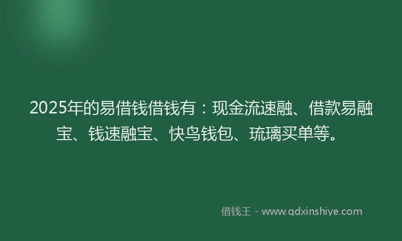 2025年的易借钱借钱有：现金流速融、借款易融宝、钱速融宝、快鸟钱包、琉璃买单等。