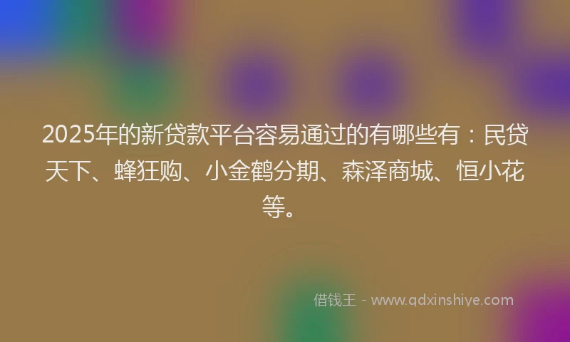 2025年的新贷款平台容易通过的有哪些有：民贷天下、蜂狂购、小金鹤分期、森泽商城、恒小花等。