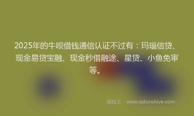 2025年的牛呗借钱通信认证不过有：玛瑙信贷、现金易贷宝融、现金秒借融途、星贷、小鱼免审等。