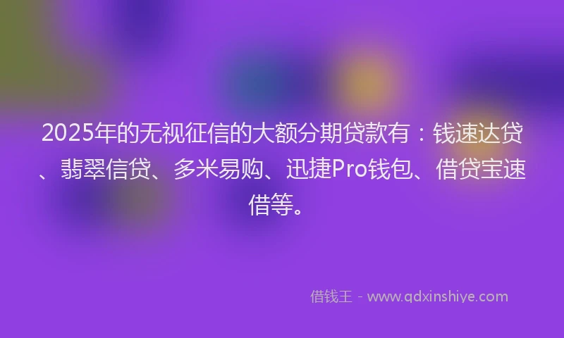 2025年的无视征信的大额分期贷款有：钱速达贷、翡翠信贷、多米易购、迅捷Pro钱包、借贷宝速借等。