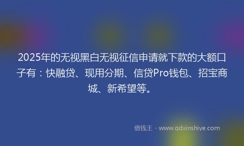 2025年的无视黑白无视征信申请就下款的大额口子有：快融贷、现用分期、信贷Pro钱包、招宝商城、新希望等。