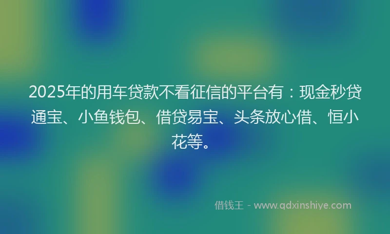 2025年的用车贷款不看征信的平台有：现金秒贷通宝、小鱼钱包、借贷易宝、头条放心借、恒小花等。