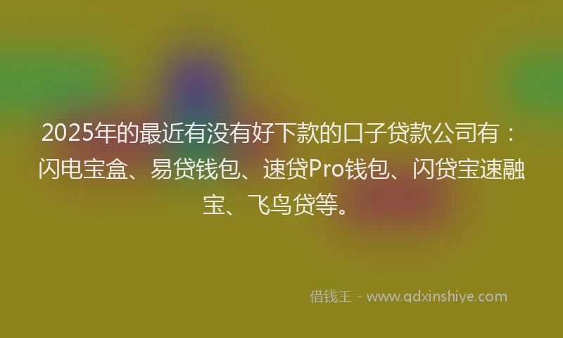 2025年的最近有没有好下款的口子贷款公司有：闪电宝盒、易贷钱包、速贷Pro钱包、闪贷宝速融宝、飞鸟贷等。