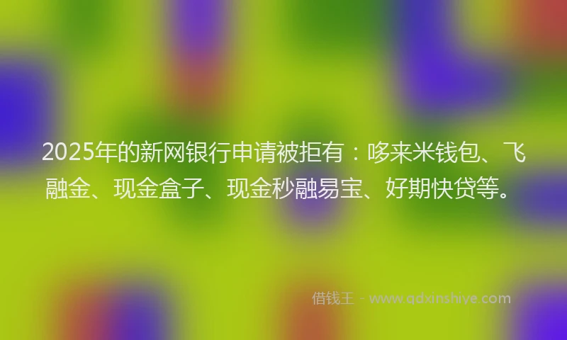 2025年的新网银行申请被拒有：哆来米钱包、飞融金、现金盒子、现金秒融易宝、好期快贷等。
