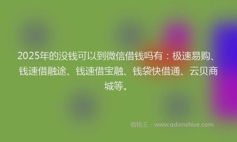 2025年的没钱可以到微信借钱吗有：极速易购、钱速借融途、钱速借宝融、钱袋快借通、云贝商城等。