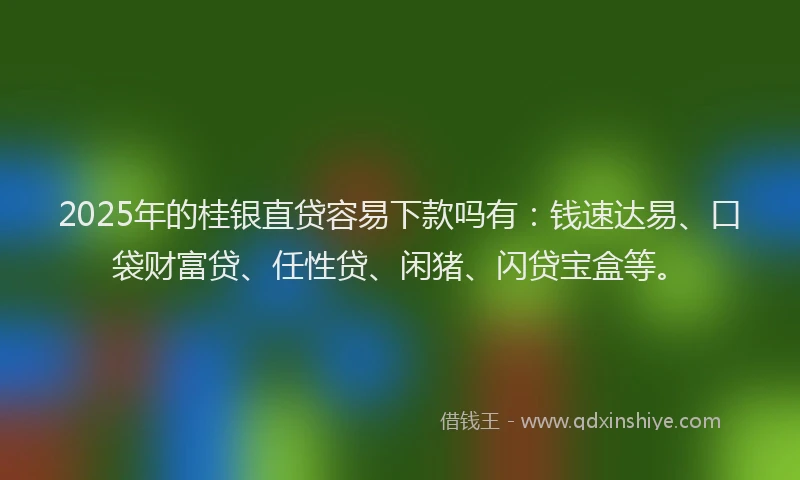 2025年的桂银直贷容易下款吗有：钱速达易、口袋财富贷、任性贷、闲猪、闪贷宝盒等。