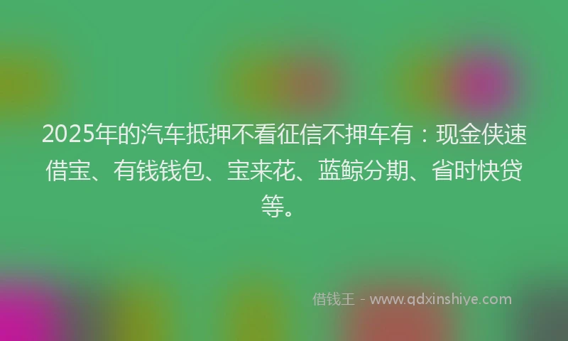 2025年的汽车抵押不看征信不押车有：现金侠速借宝、有钱钱包、宝来花、蓝鲸分期、省时快贷等。