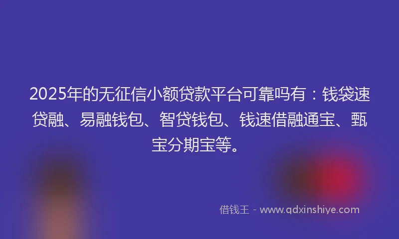 2025年的无征信小额贷款平台可靠吗有：钱袋速贷融、易融钱包、智贷钱包、钱速借融通宝、甄宝分期宝等。