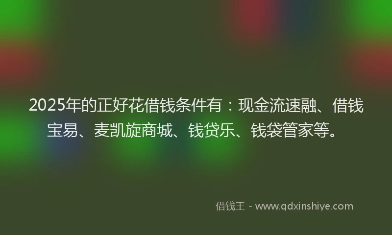 2025年的正好花借钱条件有：现金流速融、借钱宝易、麦凯旋商城、钱贷乐、钱袋管家等。