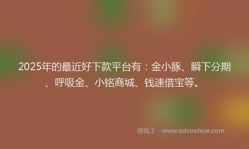 2025年的最近好下款平台有：金小豚、瞬下分期、呼吸金、小铭商城、钱速借宝等。