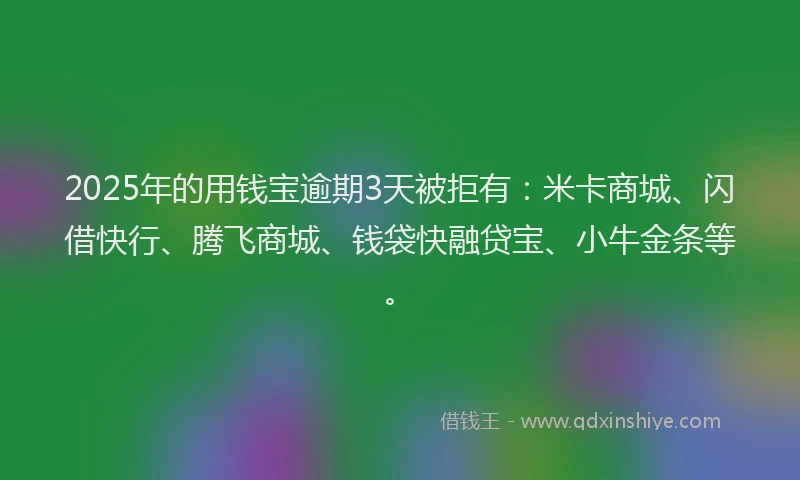 2025年的用钱宝逾期3天被拒有：米卡商城、闪借快行、腾飞商城、钱袋快融贷宝、小牛金条等。