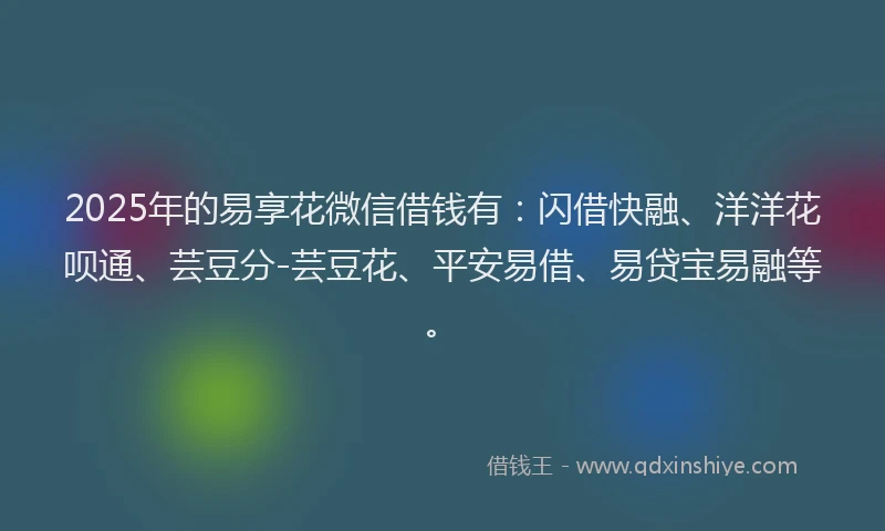 2025年的易享花微信借钱有：闪借快融、洋洋花呗通、芸豆分-芸豆花、平安易借、易贷宝易融等。