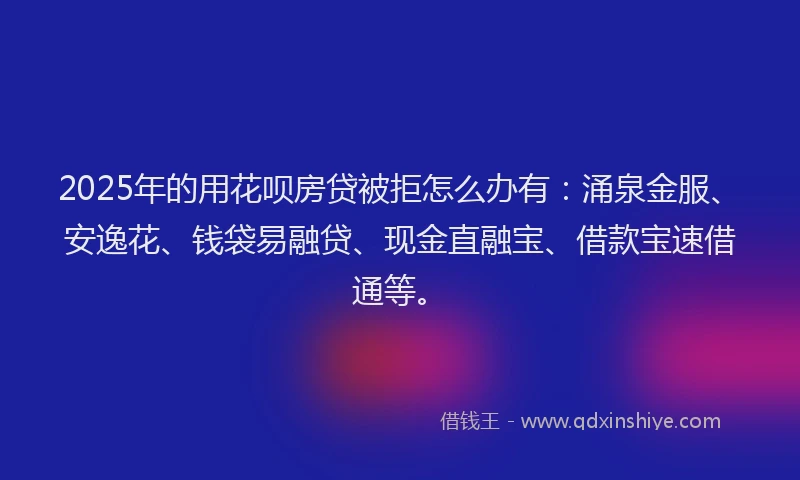 2025年的用花呗房贷被拒怎么办有：涌泉金服、安逸花、钱袋易融贷、现金直融宝、借款宝速借通等。