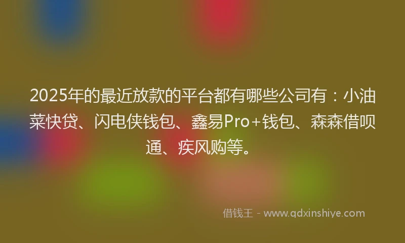 2025年的最近放款的平台都有哪些公司有：小油菜快贷、闪电侠钱包、鑫易Pro+钱包、森森借呗通、疾风购等。