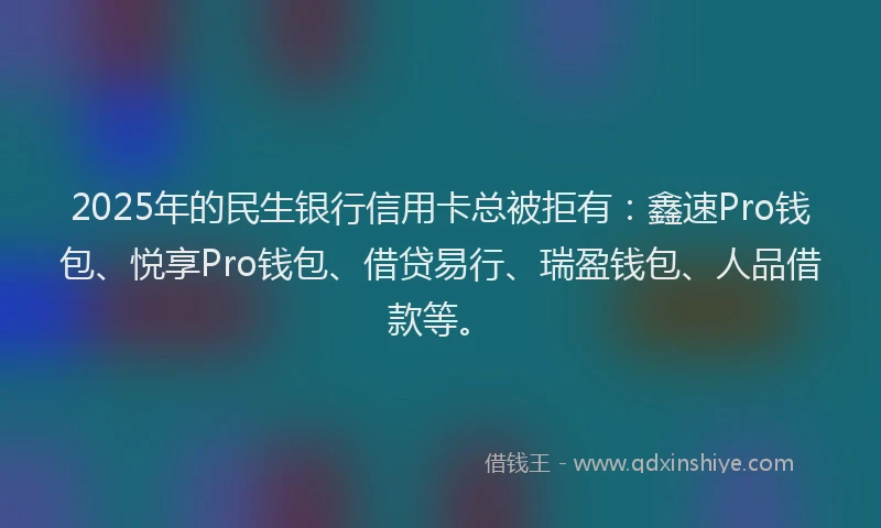 2025年的民生银行信用卡总被拒有：鑫速Pro钱包、悦享Pro钱包、借贷易行、瑞盈钱包、人品借款等。