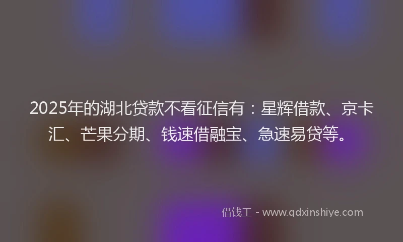 2025年的湖北贷款不看征信有：星辉借款、京卡汇、芒果分期、钱速借融宝、急速易贷等。
