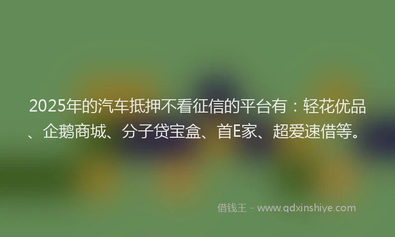 2025年的汽车抵押不看征信的平台有：轻花优品、企鹅商城、分子贷宝盒、首E家、超爱速借等。