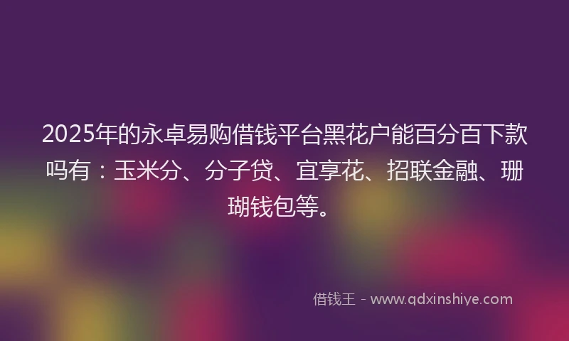 2025年的永卓易购借钱平台黑花户能百分百下款吗有：玉米分、分子贷、宜享花、招联金融、珊瑚钱包等。