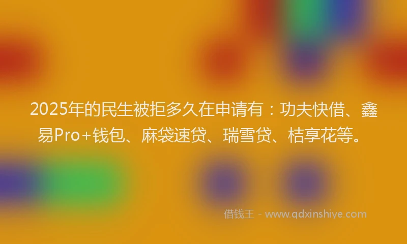 2025年的民生被拒多久在申请有：功夫快借、鑫易Pro+钱包、麻袋速贷、瑞雪贷、桔享花等。