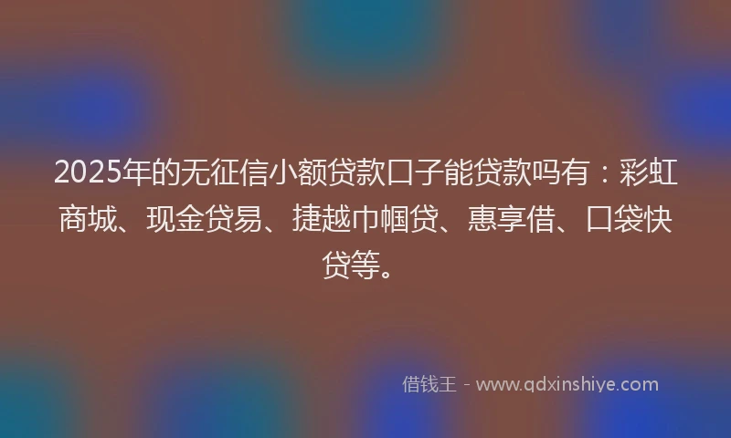 2025年的无征信小额贷款口子能贷款吗有：彩虹商城、现金贷易、捷越巾帼贷、惠享借、口袋快贷等。
