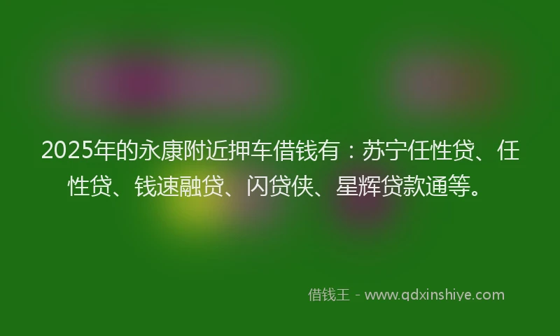 2025年的永康附近押车借钱有：苏宁任性贷、任性贷、钱速融贷、闪贷侠、星辉贷款通等。