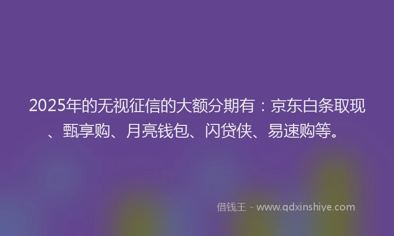 2025年的无视征信的大额分期有：京东白条取现、甄享购、月亮钱包、闪贷侠、易速购等。