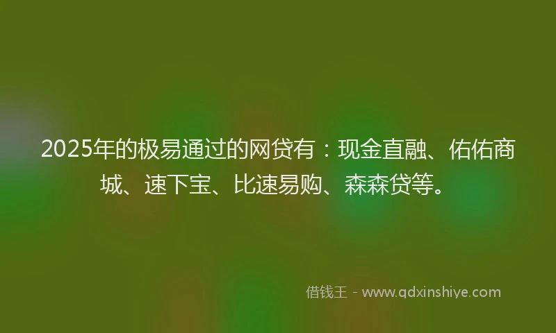 2025年的极易通过的网贷有：现金直融、佑佑商城、速下宝、比速易购、森森贷等。