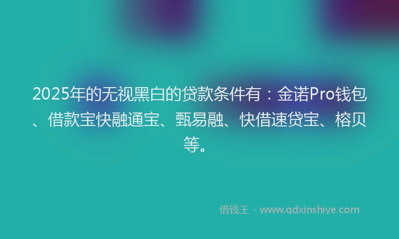 2025年的无视黑白的贷款条件有：金诺Pro钱包、借款宝快融通宝、甄易融、快借速贷宝、榕贝等。