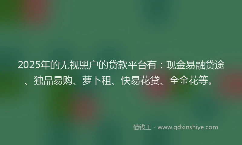 2025年的无视黑户的贷款平台有：现金易融贷途、独品易购、萝卜租、快易花贷、全金花等。