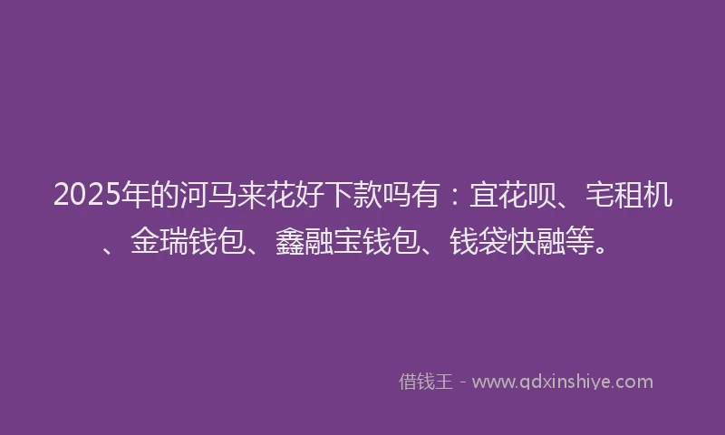 2025年的河马来花好下款吗有：宜花呗、宅租机、金瑞钱包、鑫融宝钱包、钱袋快融等。