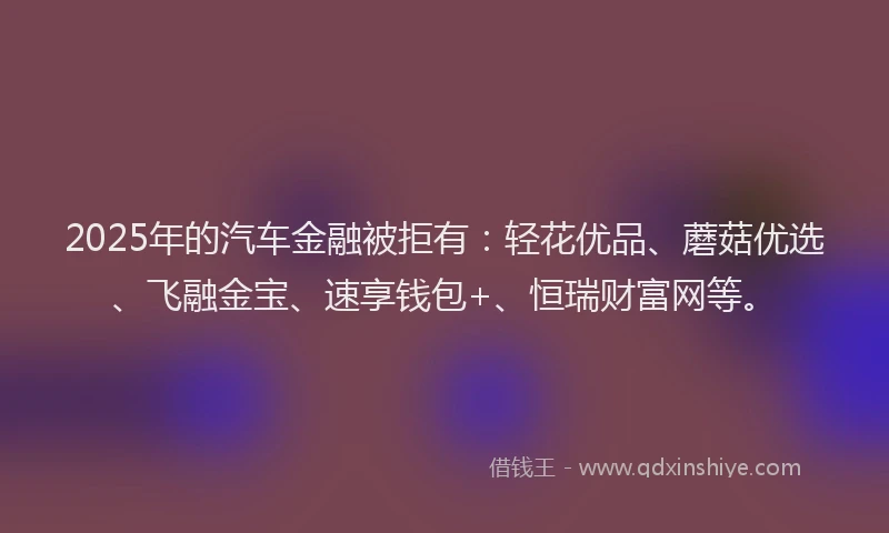 2025年的汽车金融被拒有：轻花优品、蘑菇优选、飞融金宝、速享钱包+、恒瑞财富网等。