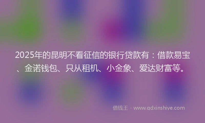 2025年的昆明不看征信的银行贷款有：借款易宝、金诺钱包、只从租机、小金象、爱达财富等。