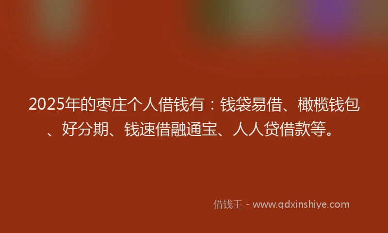2025年的枣庄个人借钱有：钱袋易借、橄榄钱包、好分期、钱速借融通宝、人人贷借款等。