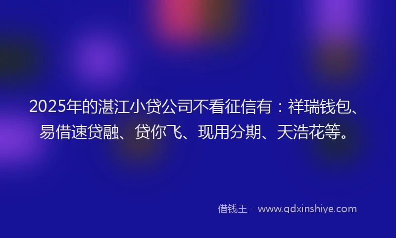 2025年的湛江小贷公司不看征信有：祥瑞钱包、易借速贷融、贷你飞、现用分期、天浩花等。