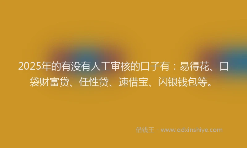 2025年的有没有人工审核的口子有：易得花、口袋财富贷、任性贷、速借宝、闪银钱包等。