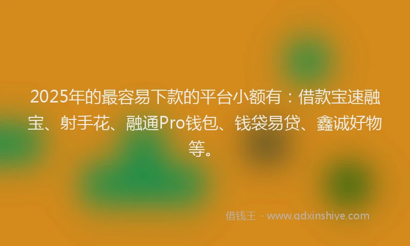2025年的最容易下款的平台小额有：借款宝速融宝、射手花、融通Pro钱包、钱袋易贷、鑫诚好物等。