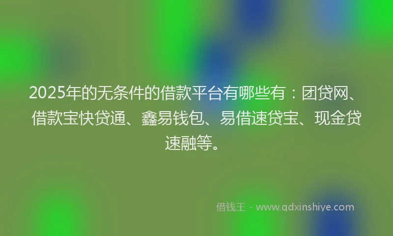 2025年的无条件的借款平台有哪些有：团贷网、借款宝快贷通、鑫易钱包、易借速贷宝、现金贷速融等。