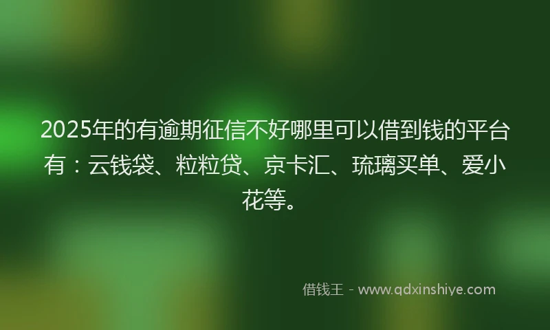 2025年的有逾期征信不好哪里可以借到钱的平台有：云钱袋、粒粒贷、京卡汇、琉璃买单、爱小花等。