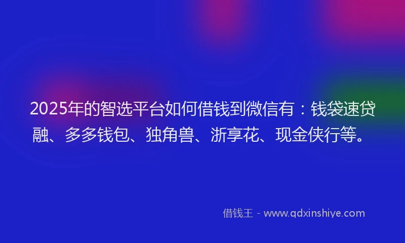 2025年的智选平台如何借钱到微信有：钱袋速贷融、多多钱包、独角兽、浙享花、现金侠行等。