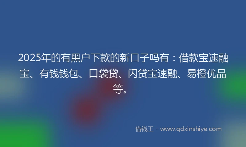 2025年的有黑户下款的新口子吗有：借款宝速融宝、有钱钱包、口袋贷、闪贷宝速融、易橙优品等。