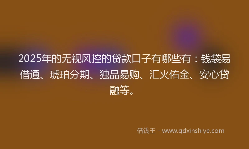 2025年的无视风控的贷款口子有哪些有：钱袋易借通、琥珀分期、独品易购、汇火佑金、安心贷融等。