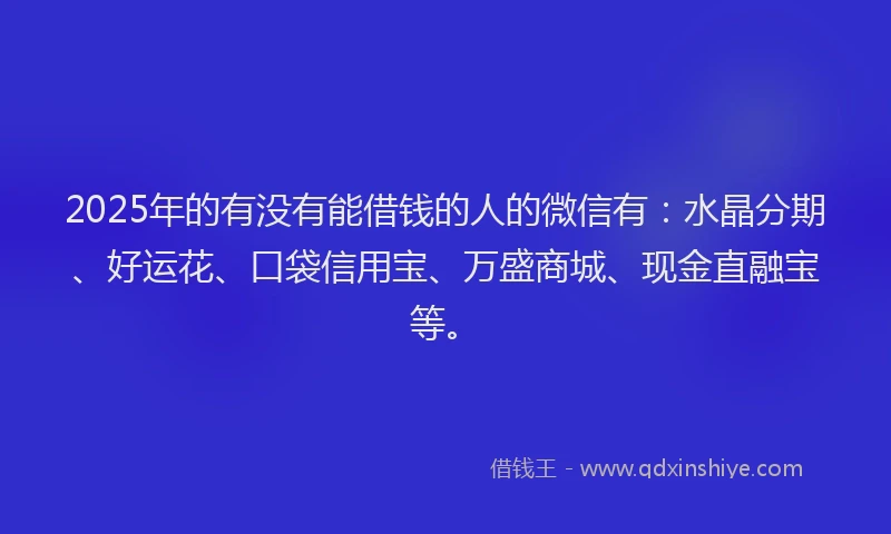 2025年的有没有能借钱的人的微信有：水晶分期、好运花、口袋信用宝、万盛商城、现金直融宝等。