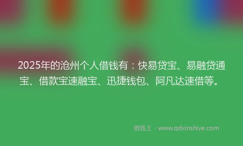 2025年的沧州个人借钱有：快易贷宝、易融贷通宝、借款宝速融宝、迅捷钱包、阿凡达速借等。
